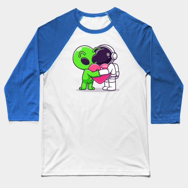 Cute Astronaut And Alien Hug Love Heart Cartoon Baseball T-Shirt by Catalyst Labs